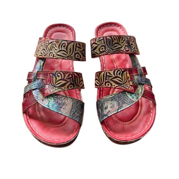 L'Artiste Sandals Spring Step Red Multi Pint Wedge Woman's 39 Strappy Adj - Picture 2 of 8